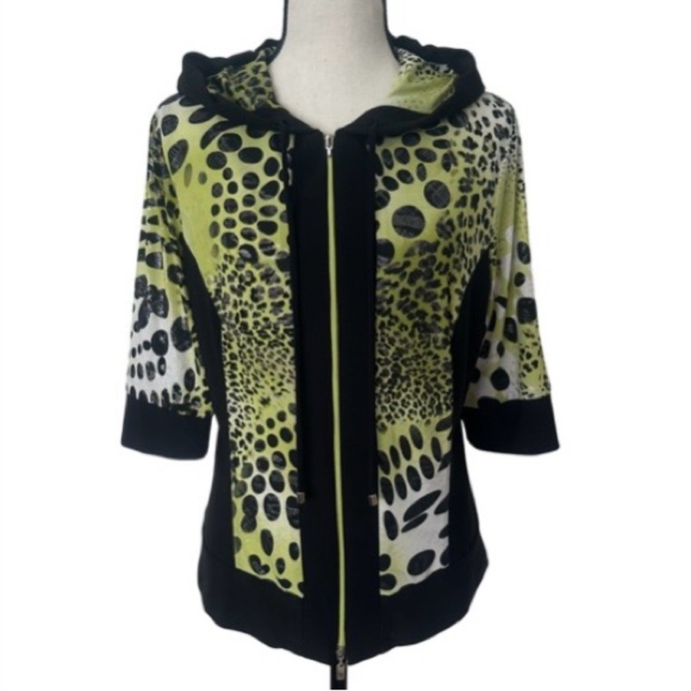 Frank Lyman Leopard Print Top Zip Hoodie Green Black Designer Jacket Size 12